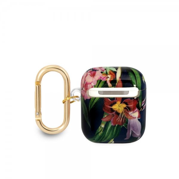 Guess AirPods 1/2 Cover Flower Print & Gold Hook Blå
