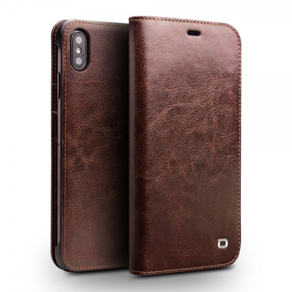 Qialino iPhone Xs Max Etui Ægte Læder Kreditkortlomme Brun