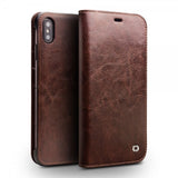 Qialino iPhone Xs Max Etui Ægte Læder Kreditkortlomme Brun