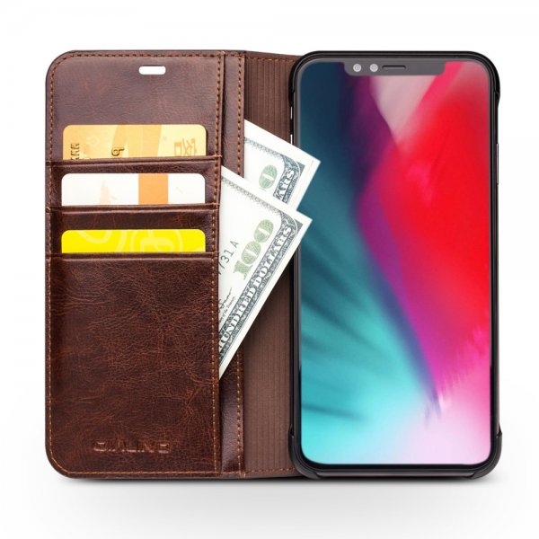 Qialino iPhone Xs Max Etui Ægte Læder Kreditkortlomme Brun