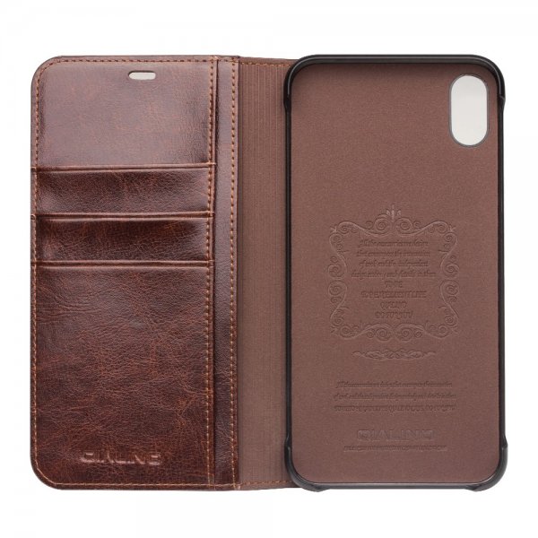 Qialino iPhone Xs Max Etui Ægte Læder Kreditkortlomme Brun