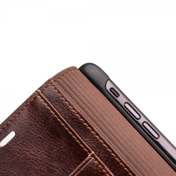 Qialino iPhone Xs Max Etui Ægte Læder Kreditkortlomme Brun