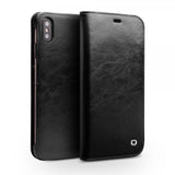 Qialino iPhone Xs Max Etui Ægte Læder Kortlomme Sort