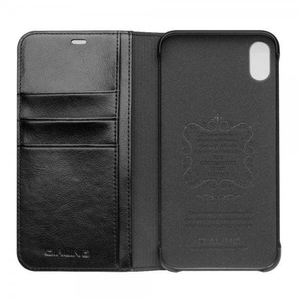 Qialino iPhone Xs Max Etui Ægte Læder Kortlomme Sort