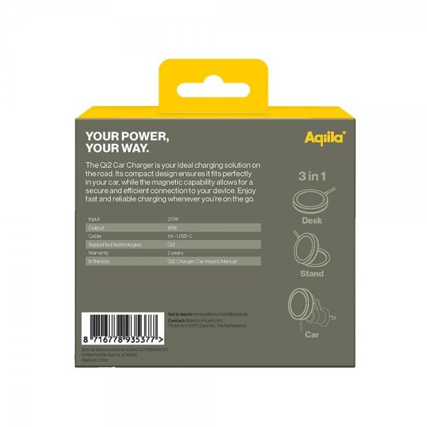 Aqiila Bilholder med Trådløs opladning Chargebird QC1 Qi2 MagSafe 15W