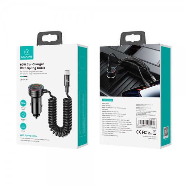 USAMS Billader 60W Car Charger med spiralkabel