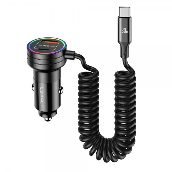 USAMS Billader 60W Car Charger med spiralkabel