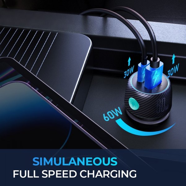Joyroom Billader CCN01 60W Biloplader med lysknap USB-A USB-C