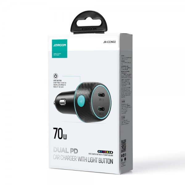Joyroom Billader CCN02 70W Dual PD Car Charger med lysknap USB-C