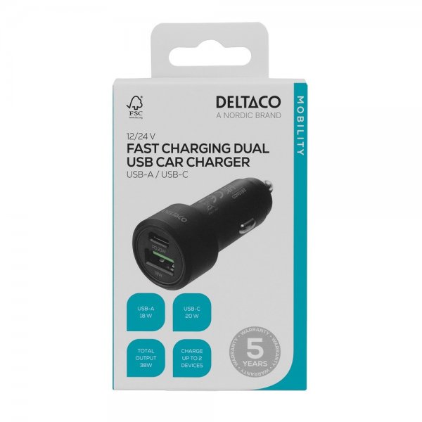 Deltaco Billader Fast Charging Dual USB Car Charger
