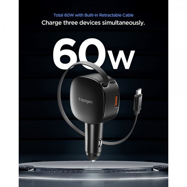Spigen Essential Biloplader med indbygget Kabel 60W Sort
