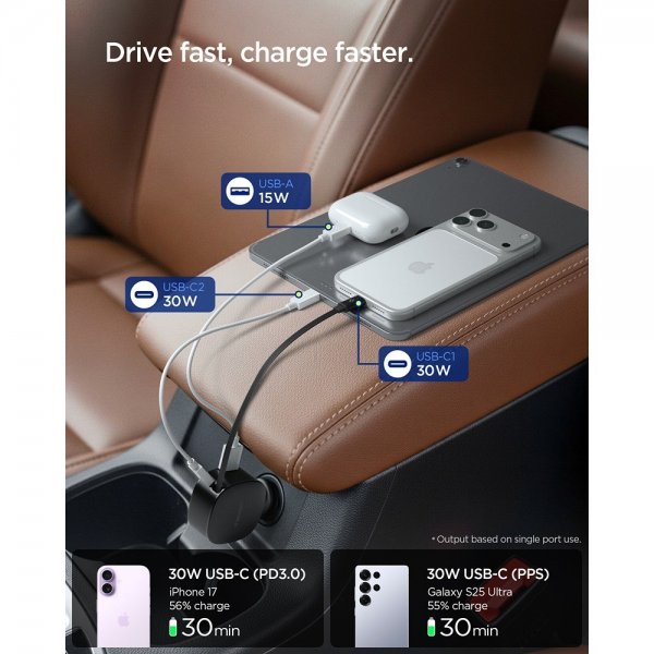 Spigen Essential Biloplader med indbygget Kabel 60W Sort
