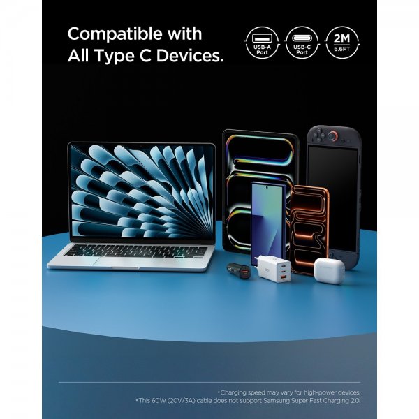 Spigen Essential Kabel USB-A til USB-C 60W 2m Hvid