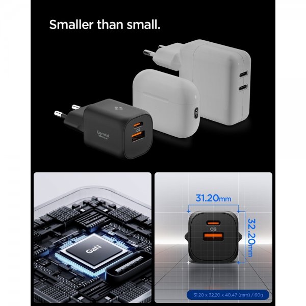 Spigen Essential Oplader 35W 1xUSB-C 1xUSB-A Sort