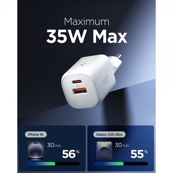 Spigen Essential Oplader 35W 1xUSB-C 1xUSB-A Hvid