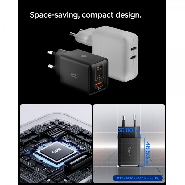 Spigen Essential oplader 47W 2xUSB-C 1xUSB-A Sort