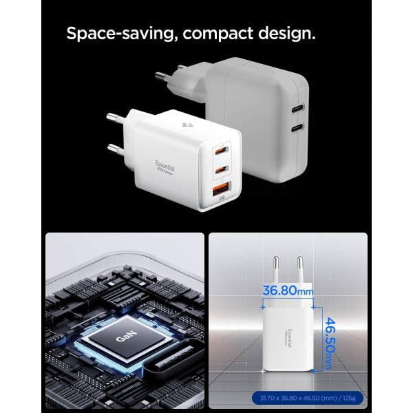 Spigen Essential oplader 47W 2xUSB-C 1xUSB-A Hvid