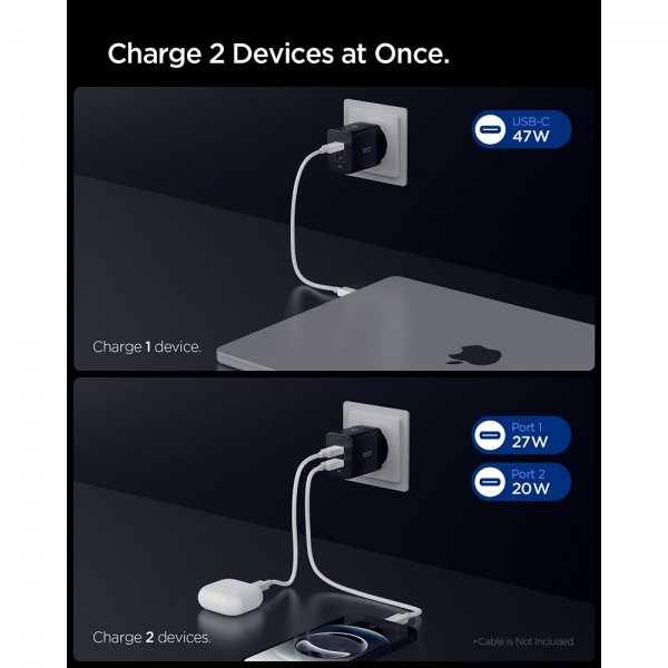 Spigen Essential Oplader 47W 2xUSB-C Sort