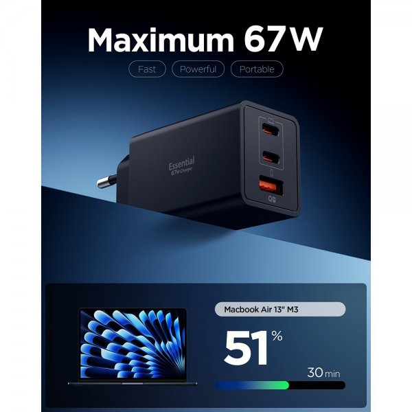 Spigen Essential Oplader 67W 2xUSB-C 1xUSB-A Sort