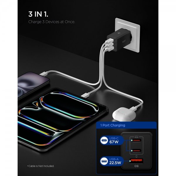 Spigen Essential Oplader 67W 2xUSB-C 1xUSB-A Sort