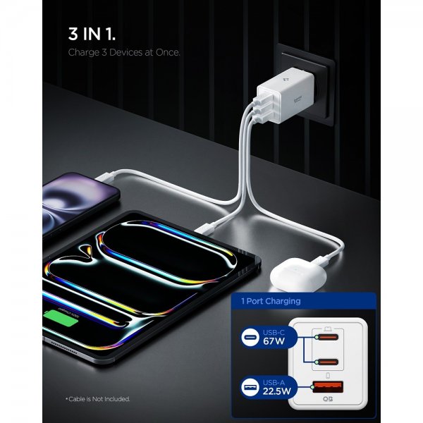 Spigen Essential Oplader 67W 2xUSB-C 1xUSB-A Hvid