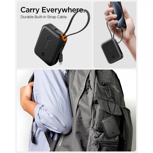 Spigen Essential Powerbank med indbygget kabel 10.000 mAh 30W Sort