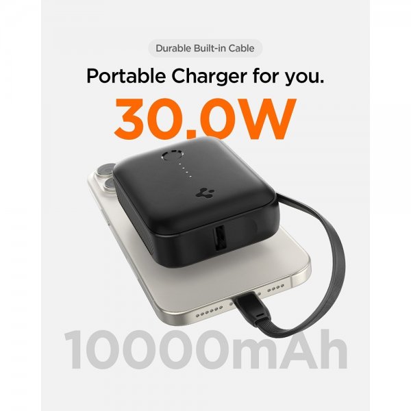 Spigen Essential Powerbank med indbygget kabel 10.000 mAh 30W Sort