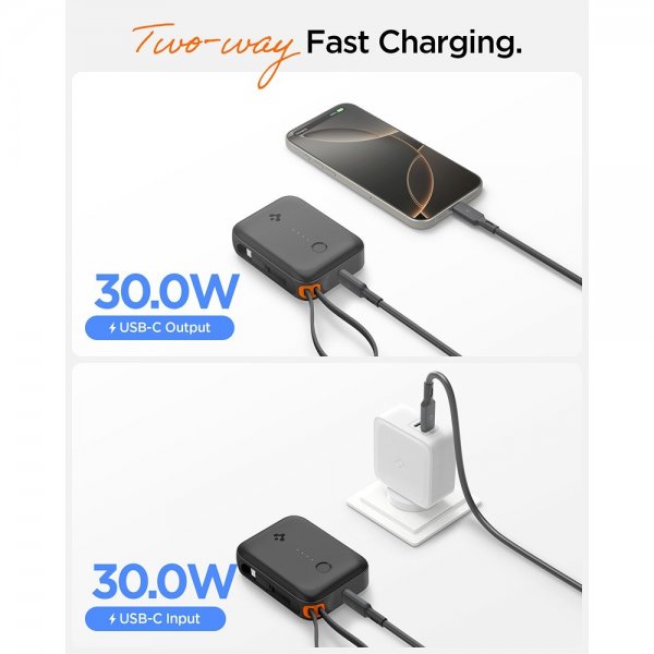 Spigen Essential Powerbank med indbygget kabel 10.000 mAh 30W Sort