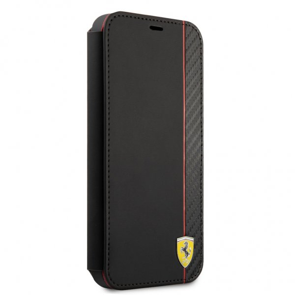 Ferrari iPhone 13 Etui Carbon Effect Metal Logo Vertical Stripe Sort