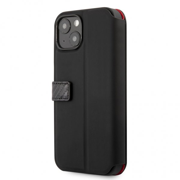 Ferrari iPhone 13 Etui Carbon Effect Metal Logo Vertical Stripe Sort