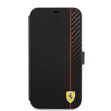 Ferrari iPhone 13 Mini Cover Carbon Effect Metal Logo Vertical Stripe Sort