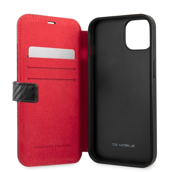 Ferrari iPhone 13 Mini Cover Carbon Effect Metal Logo Vertical Stripe Sort