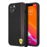 Ferrari iPhone 13 Mini Cover Kulfiber Effekt Metal Logo Lodret Stribe Sort
