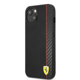 Ferrari iPhone 13 Mini Cover Kulfiber Effekt Metal Logo Lodret Stribe Sort