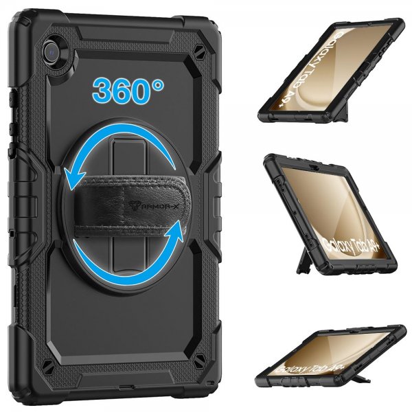 Armor-X Samsung Galaxy Tab A9 Plus Etui Regntæt Robust Cover Håndstrop Støttefod Sort