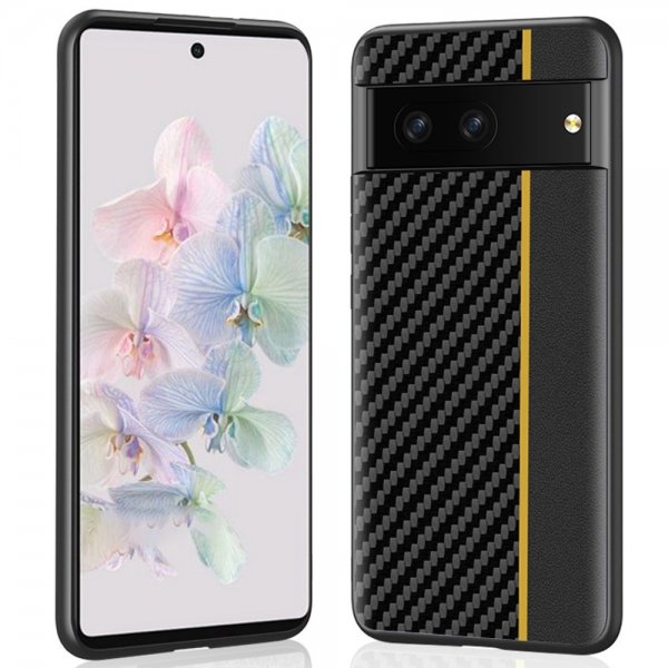 Google Pixel 7 Cover Kulfibertekstur Stripe Sort Gul