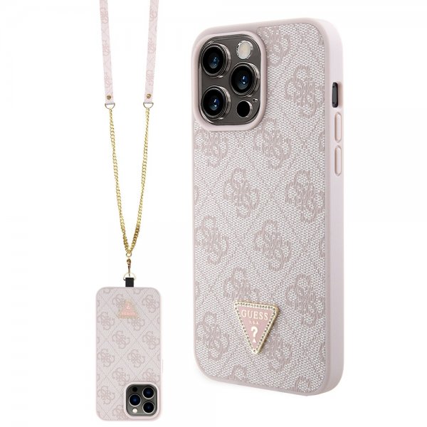 Guess iPhone 15 Pro Max Cover Metal Logo Rhinstens Crossbody Rem Pink