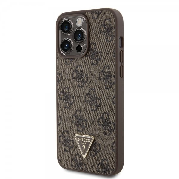 Guess iPhone 15 Pro Max Cover Metal Logo Rhinstens Crossbody Strap Brun