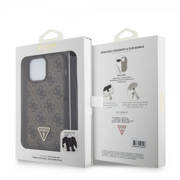 Guess iPhone 15 Pro Max Cover Metal Logo Rhinstens Crossbody Strap Brun