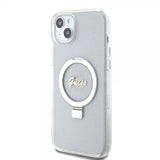 Guess iPhone 15 Plus Cover Ring Stand Glitter MagSafe Transparent