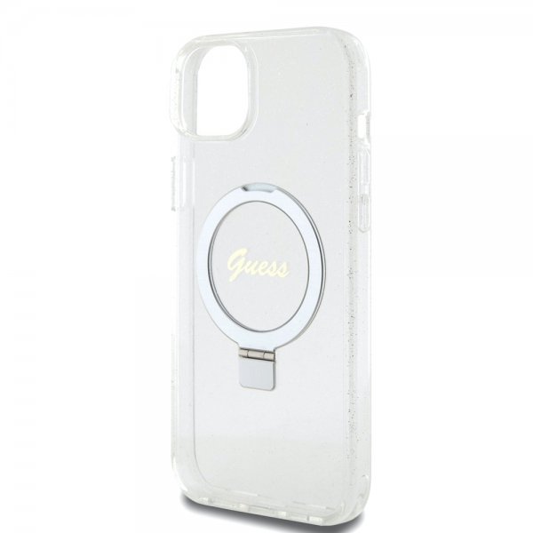 Guess iPhone 15 Plus Cover Ring Stand Glitter MagSafe Transparent