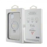 Guess iPhone 15 Plus Cover Ring Stand Glitter MagSafe Transparent