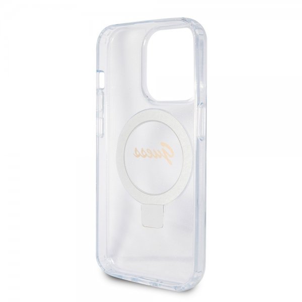 Guess iPhone 15 Pro Max Cover Ring Stand Glitter MagSafe Transparent