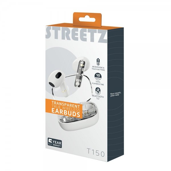 Streetz Høretelefoner T150 Transparent True Wireless Earbuds Hvid