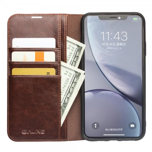 Qialino iPhone 11 Cover Ægte Læder Kortlomme Brun