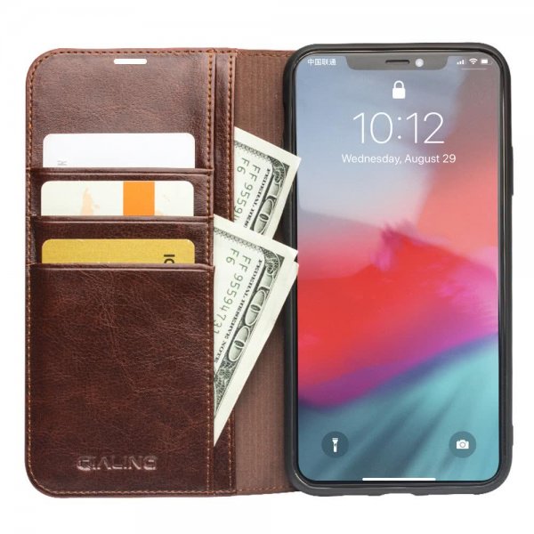 Qialino iPhone 11 Pro Max Etui Ægte Læder Kortlomme Brun