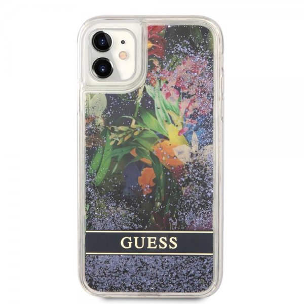 Guess iPhone 11 Cover Liquid Glitter Blomstermønster Blå