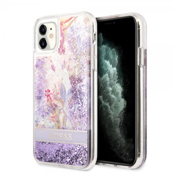Guess iPhone 11 Cover Liquid Glitter Flower Pattern Lilla