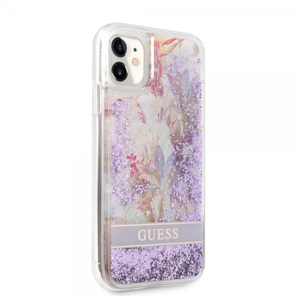 Guess iPhone 11 Cover Liquid Glitter Flower Pattern Lilla