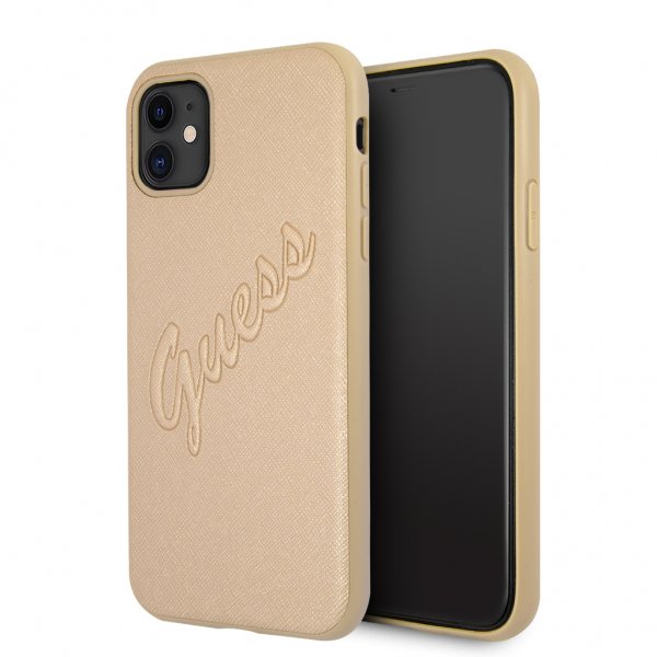 Guess iPhone 11 Cover Saffiano Vintage Script Guld